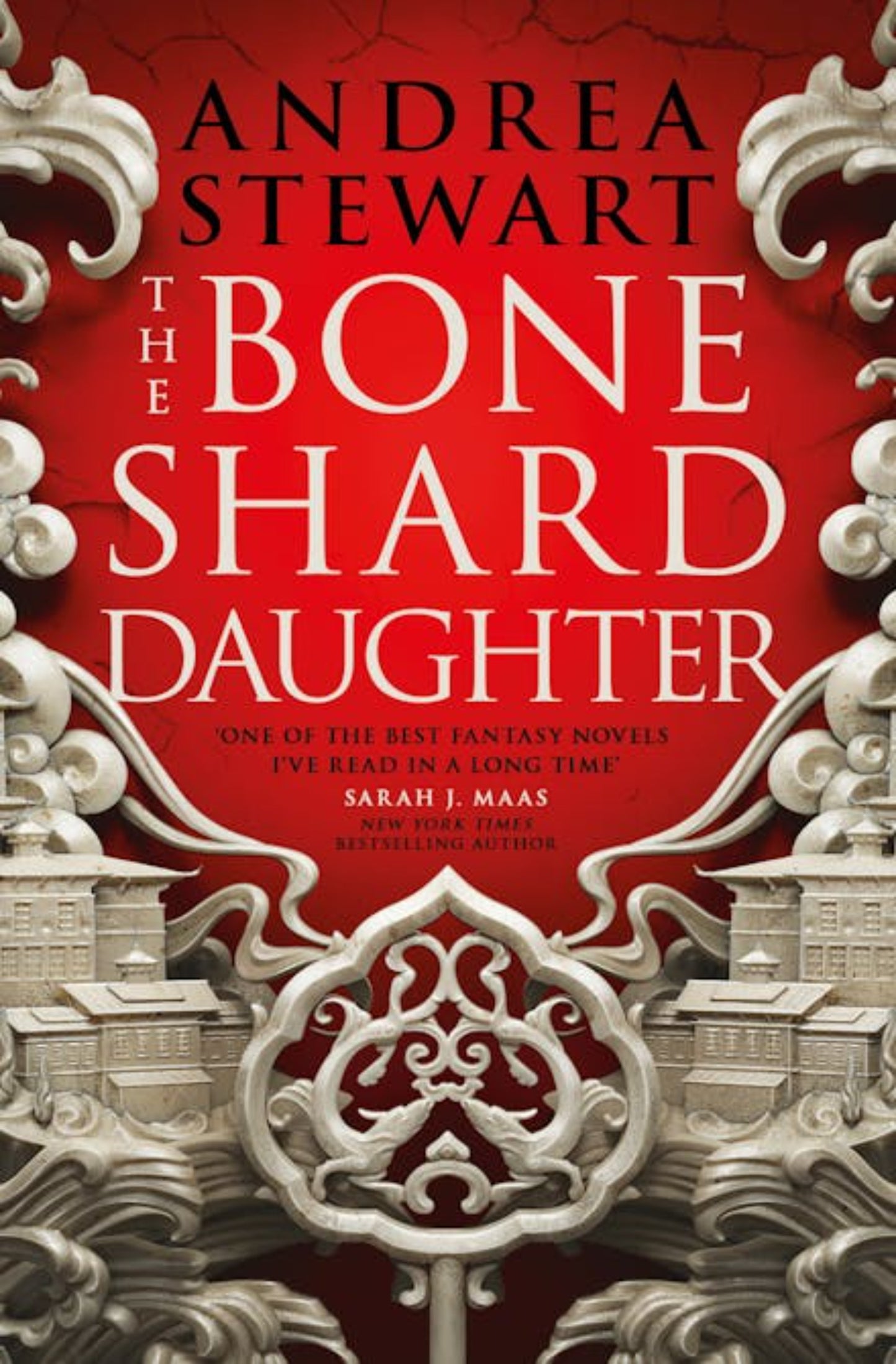 Book Cover, Red with grey fantasy monuments, The Bone Shard Daughter by Andrea Steward, Fantasy Novel