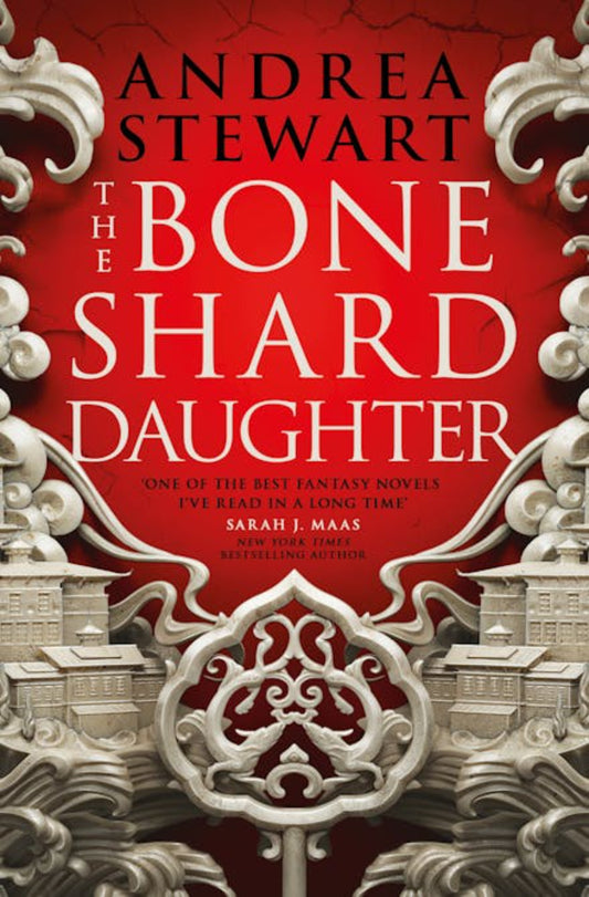 Book Cover, Red with grey fantasy monuments, The Bone Shard Daughter by Andrea Steward, Fantasy Novel