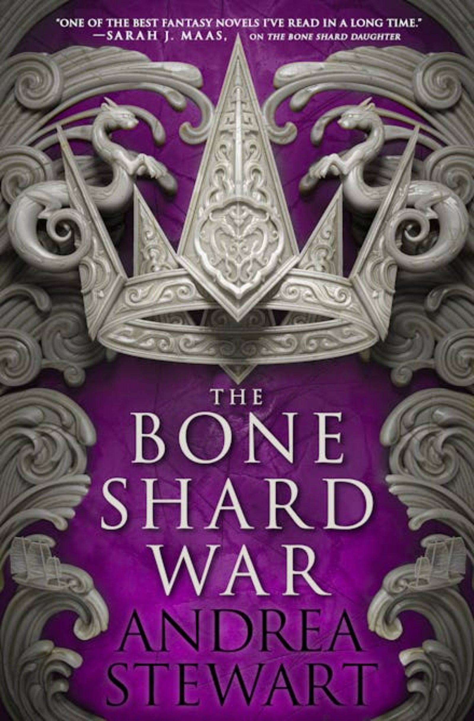 Book Cover, The Bone Shard War, Fantasy Novel with purple cover and grey stone like monument artwork