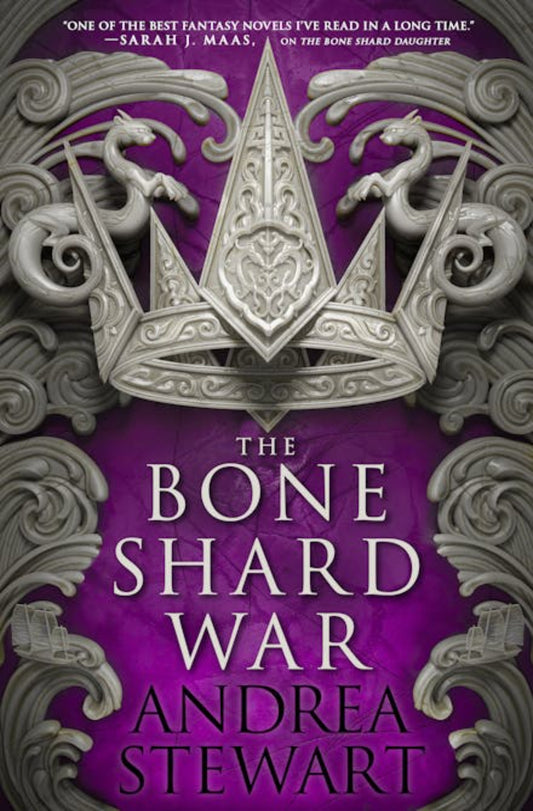 Book Cover, The Bone Shard War, Fantasy Novel with purple cover and grey stone like monument artwork