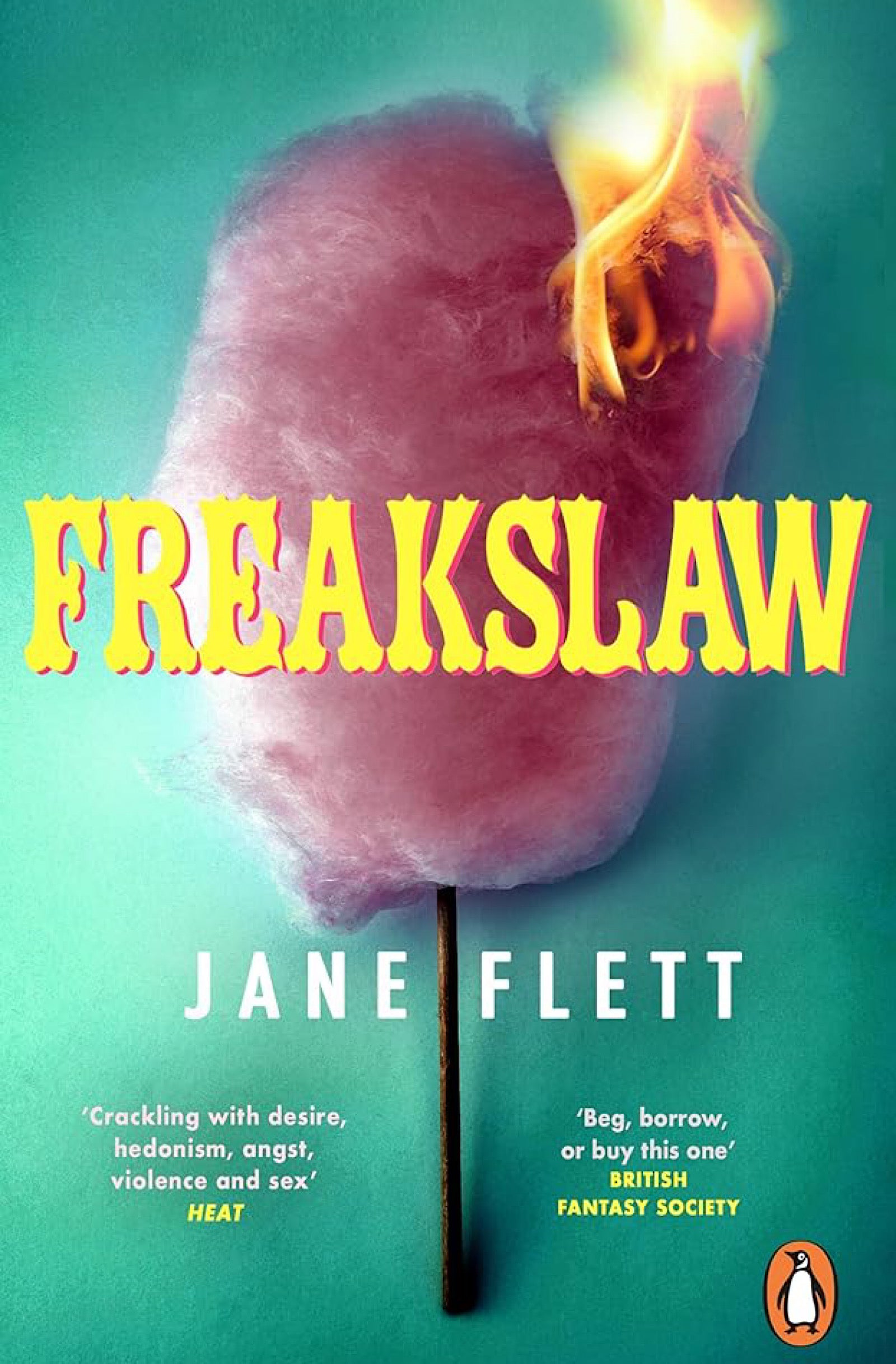 Book cover of 'Freakslaw' by Jane Flett with a cotton candy and match design.